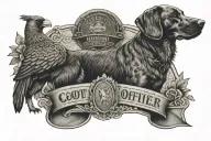 A dotwork tattoo of a correction officer badge with a hunting dog and a pheasant, blending the client's profession with their hobbies tattoo design idea