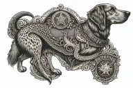 A dotwork tattoo of a correction officer badge with a hunting dog and a pheasant, blending the client's profession with their hobbies tattoo design idea