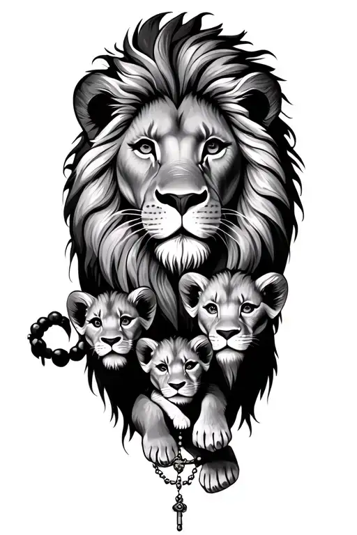 lion with 2 cubs and rosary beads tattoo design idea
