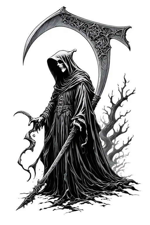 gothic style grim reapers scythe tattoo design idea