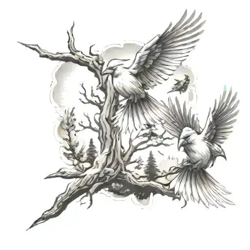 lightning striking around 3 cardinals flying above a sequoia tree tattoo design idea