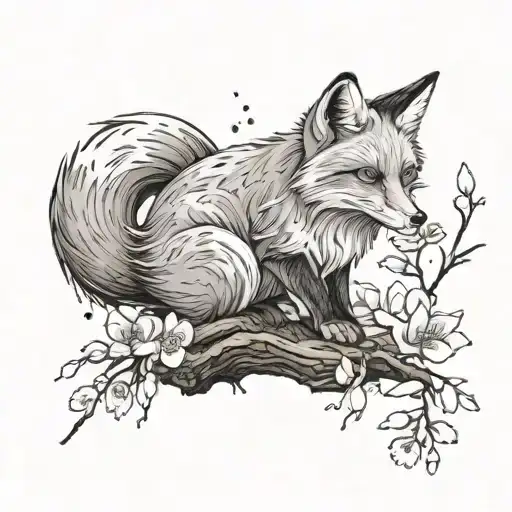 a Fox with multiple tails sitting on a log with falling sakura leaves tattoo design idea