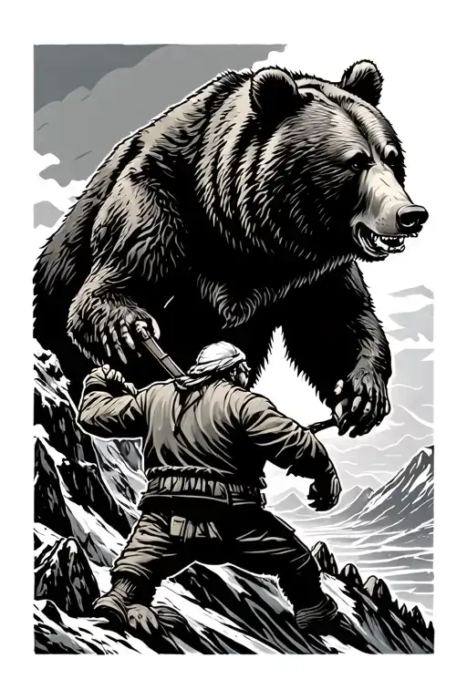 Bear attacking a mountain man tattoo design idea
