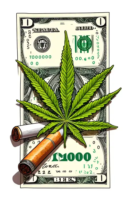 weed leaf with a realistic blunt laying on the money surrounding it tattoo design idea