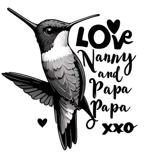 Hummingbird with text that says "Love Nanny and Papa xoxo" tattoo design idea