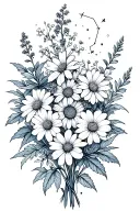 fine line, no colour, bouquet of asters, delphinium, water lilies, morning glory flowers, Leo and Virgo constellations tattoo design idea