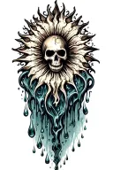 the sun melting into flowing water that drops off into rain drops. tattoo design idea