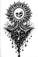 the sun melting into flowing water that drops off into rain drops. tattoo design idea