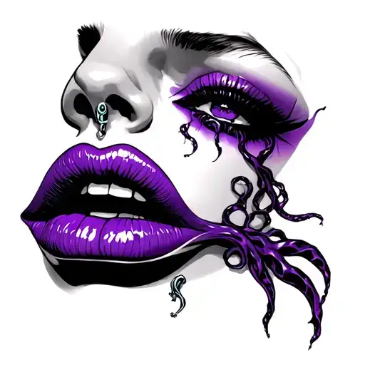 Medusa lip piercing long nails purple tattoo design idea