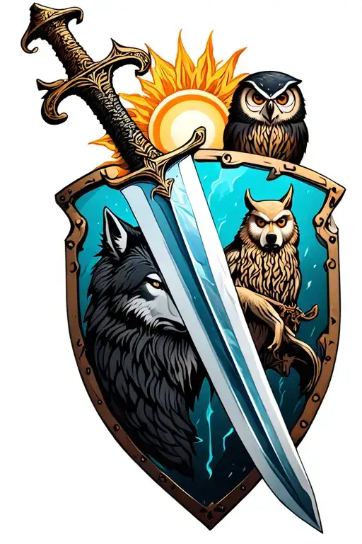 A sword laying on a shield tha is adorned with a stormbolt, a sun, a wolf and an owl tattoo design idea