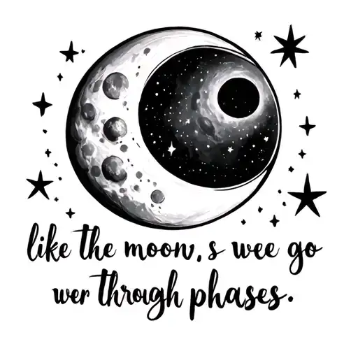 Pls create two thigh tattoos for me. One has a moon saying "like the moon we go through phases" written below. the other tattoo design idea