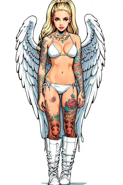 sexy angel girl, blonde ponytail, white miniskirt and bikini top, white knee high boots tattoo design idea