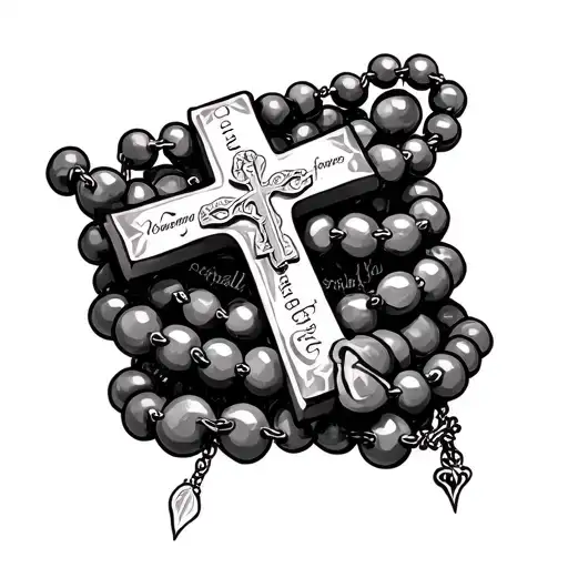 Cross with a rosary wrapped with the words Isaiah 54: verse 17 "No weapon formed against you shall prosper" tattoo design idea