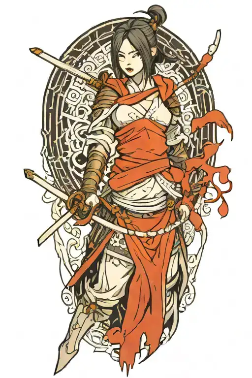 Half-body samurai girl in dark souls style blood dripping tattoo design idea