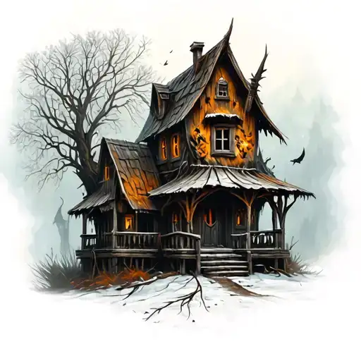 scary baba yaga house tattoo design idea