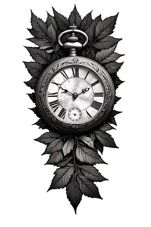 double pocket watch surrounded by leaves growing tattoo design idea