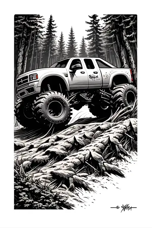 Monster Truck driving through a forest tattoo design idea