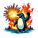 penguin holding a firework bursting with flames tattoo design idea