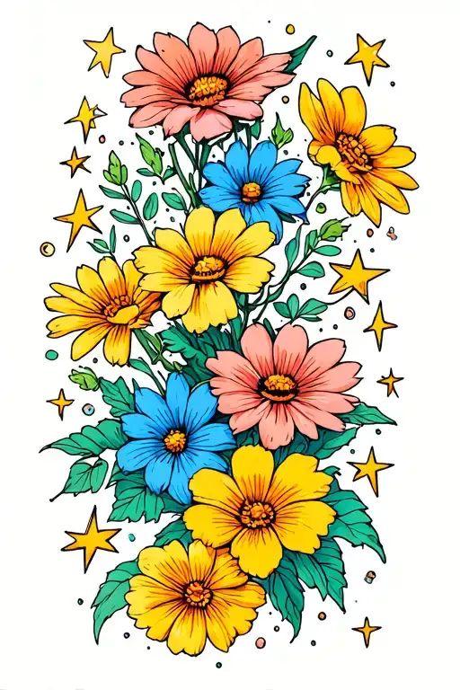 tiny flowers and stars vertical tattoo tattoo design idea