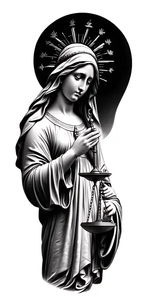mother mary holding a scale balanced tattoo design idea