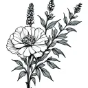 July and January flower 	One linework stem of carnation flowing into a larkspur, forming a continuous vertical or horizo tattoo design idea