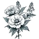 July and January flower 	One linework stem of carnation flowing into a larkspur, forming a continuous vertical or horizo tattoo design idea