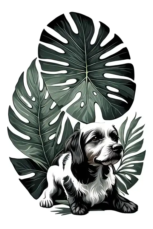 monstera leaf and dog tattoo design idea