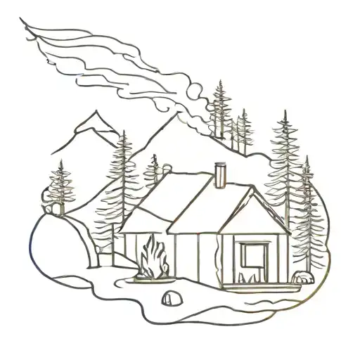 Cabins and campfire surrounded tattoo design idea