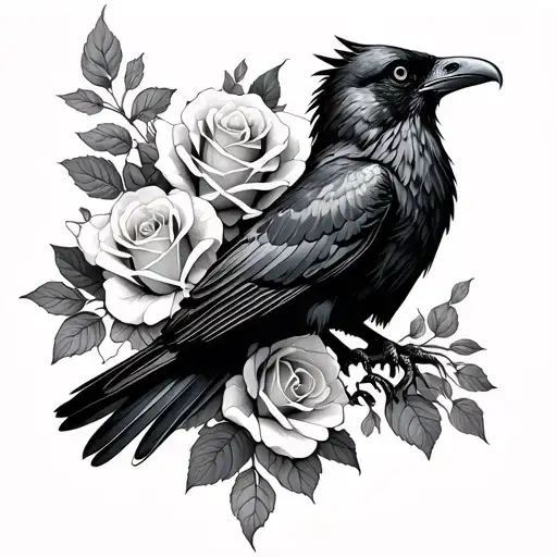 Black raven flying surrounded by two wrapped roses tattoo design idea