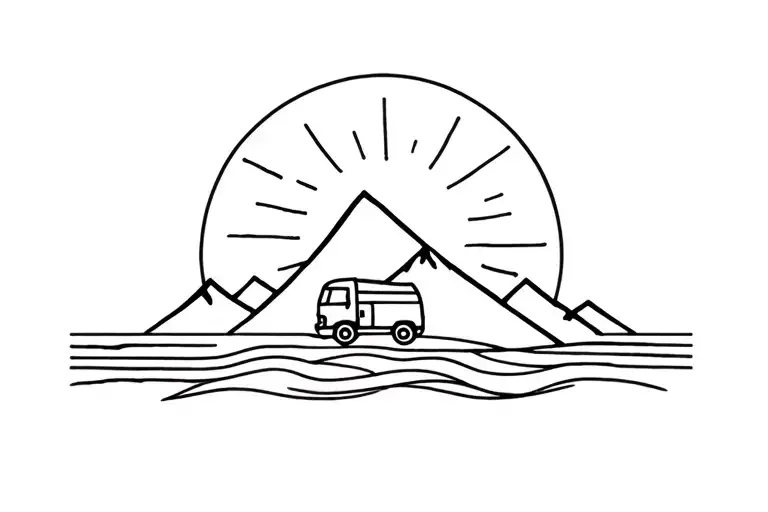 mountain and sun and wave and campervan tattoo design idea