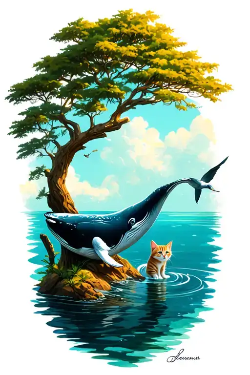 Seagul tree whale in the water tiny cat on land in a story  tattoo design idea