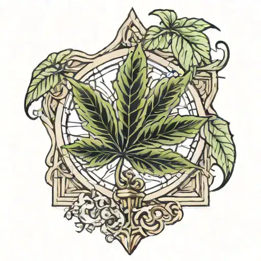 weed leaf, sculpture, church window tattoo design idea