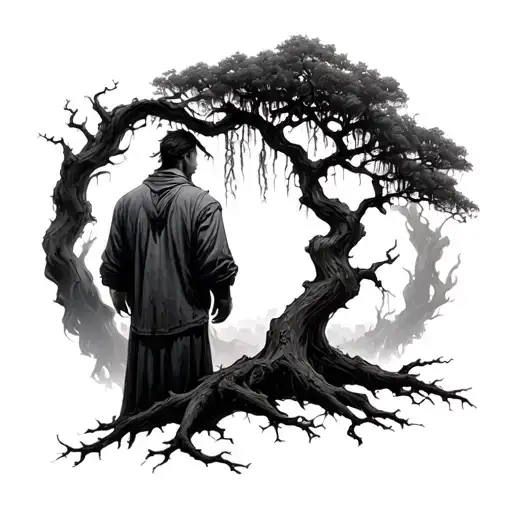 Behind him looms a dark, intricate willow tree with sprawling, twisted branches, closely resembling a real-life oak tattoo design idea