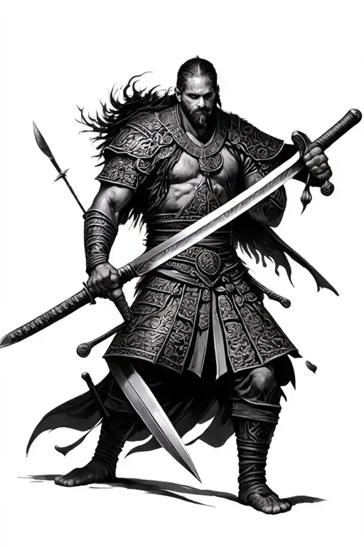 norman warrior battle against samurai sword ultra realistic tattoo design idea