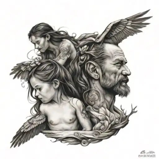 A symbolic representation of a father's strength and love for his daughters in a blackwork style tattoo tattoo design idea