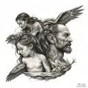 A symbolic representation of a father's strength and love for his daughters in a blackwork style tattoo tattoo design idea