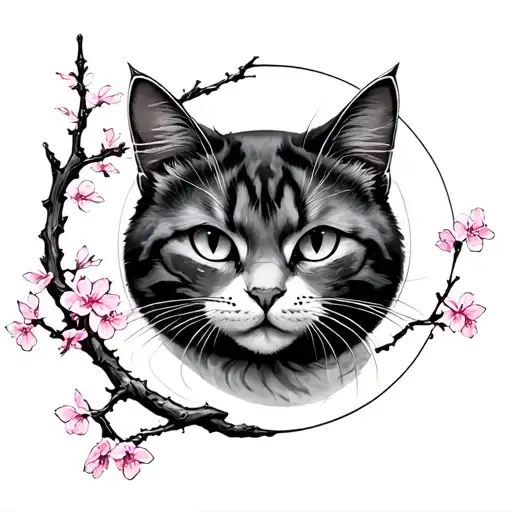 moon, cat, sakura blossoms, dagger tattoo design idea