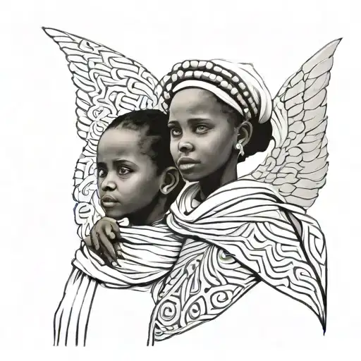 ethiopian women full body a child, women have wings both wearing traditional habesha white dress, traditional hair style tattoo design idea