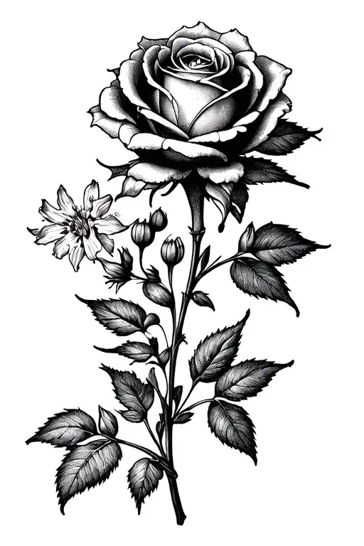 rose and larkspur flowers tattoo design idea