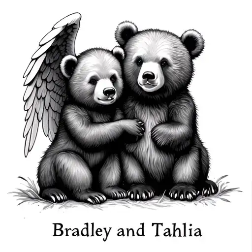"Bradley and Tahlia" 1 girl  Bear Cub and 1 bigger boy bear cub both  like angels  tattoo design idea