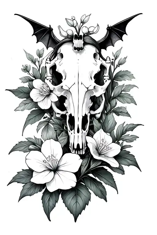 finger bones, horse skull, bat skeleton, and a diphylleia grayi flower tattoo design idea
