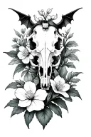 finger bones, horse skull, bat skeleton, and a diphylleia grayi flower tattoo design idea