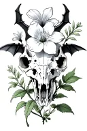 finger bones, horse skull, bat skeleton, and a diphylleia grayi flower tattoo design idea