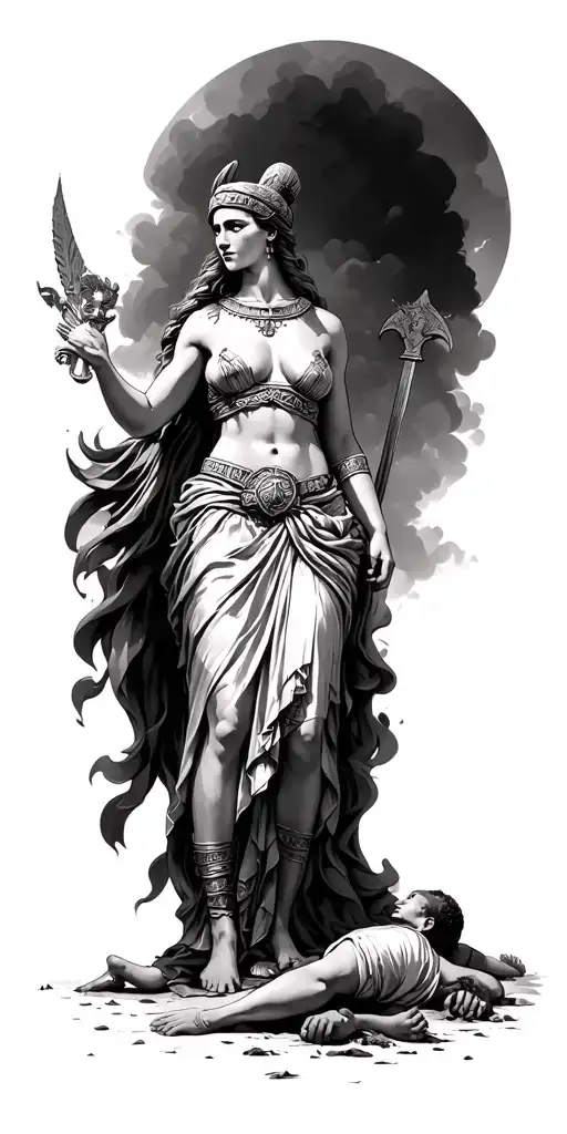 Athena the god with fallen soldiers on the ground around her tattoo design idea