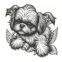 shih tzu with a plushie biting and wings spread tattoo design idea