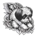 shih tzu with a plushie biting and wings spread tattoo design idea