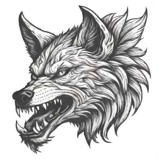 Fenrir Head Side Profile with mouth opened and Blue eye, utilize Nordic line work tattoo design idea