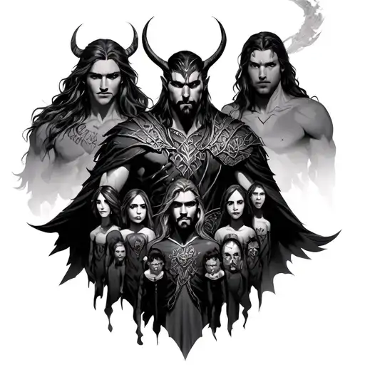 God Loki, behind his parents, and in front are all his children tattoo design idea