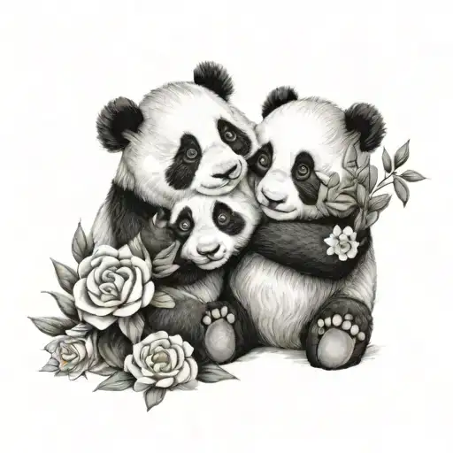 two cute baby panda bears hug each other flowers tattoo design idea