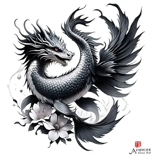 Phoenix, Dragon, Cherry Flower, Carp Koi Fish tattoo design idea
